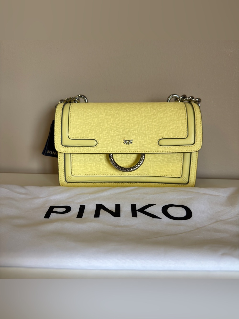 Pinko Lemon Yellow Leather crossbody Bag with Chain mini love new tracolla